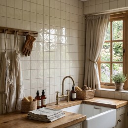 	image of Costswolds English Cream Gloss Ceramic Wall Tile 150x150mm on Utility Room Wall